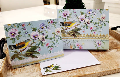 Pansies & Warbler Embossed Die-cut Boxed Portfolio Note Card