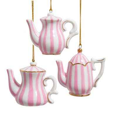A porcelain teapot ornament striped in pink and white with gold detailing and a white scrolled handle.