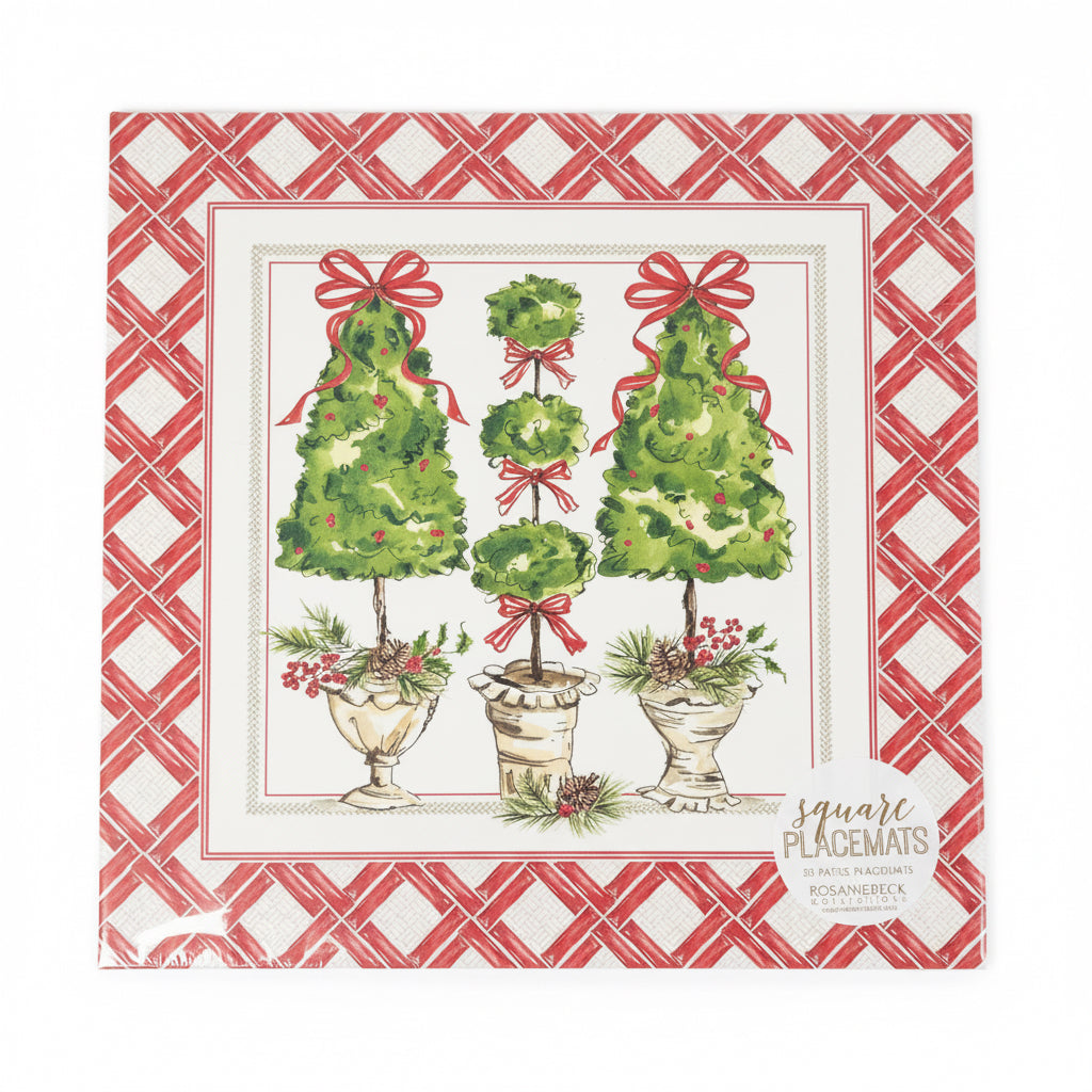 Square Placemat Handpainted Topiaries w/Pine Cones and Red Bows