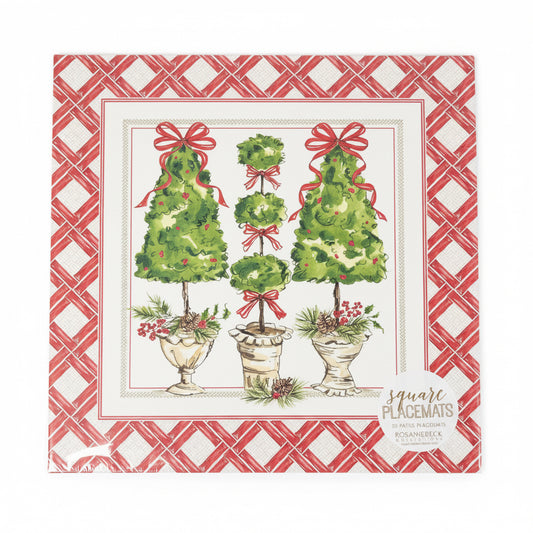 Square Placemat Handpainted Topiaries w/Pine Cones and Red Bows