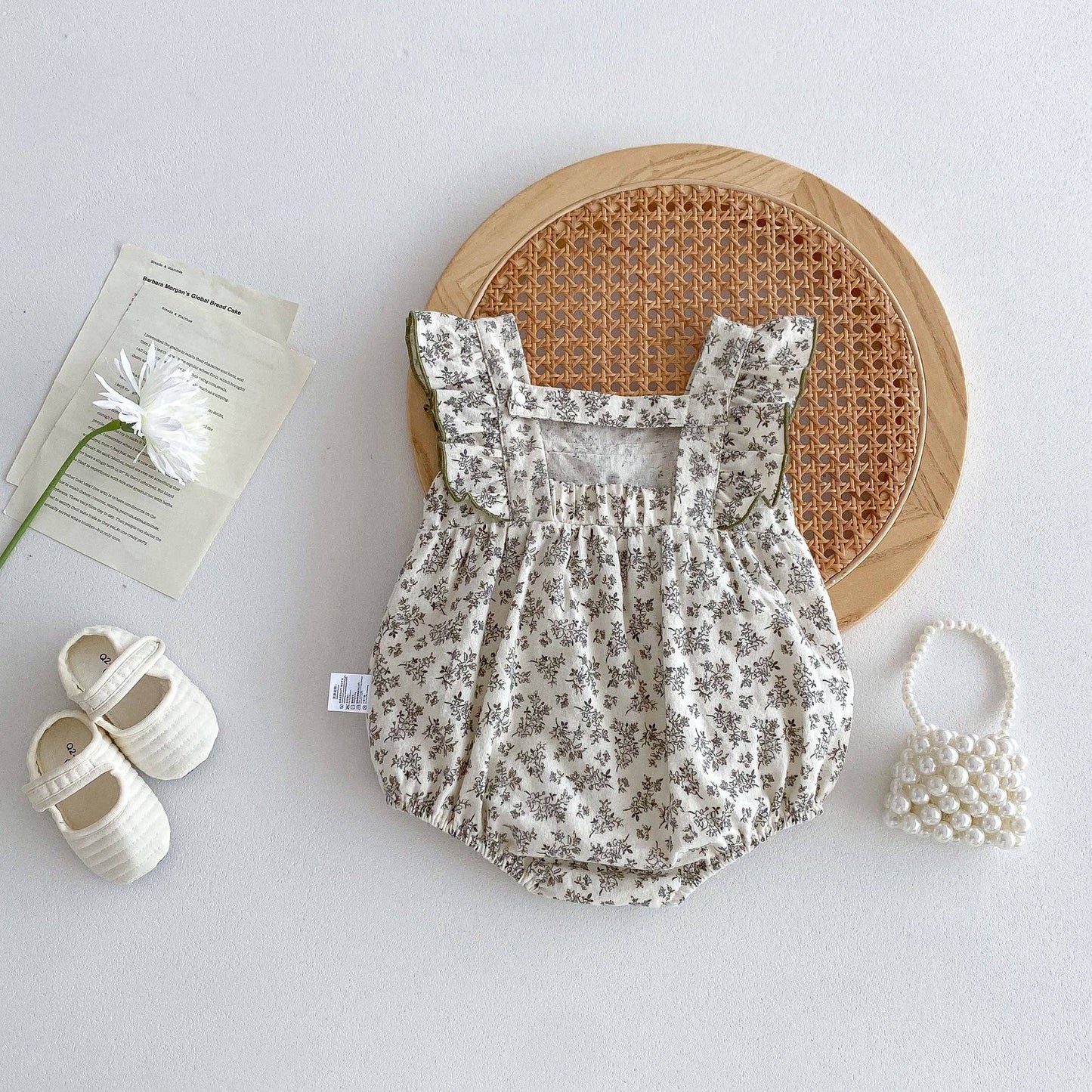 Summer Hot Selling Baby Girls Sleeveless Square Neck Floral Print bodysuit: Beige / 80 (9-12M)