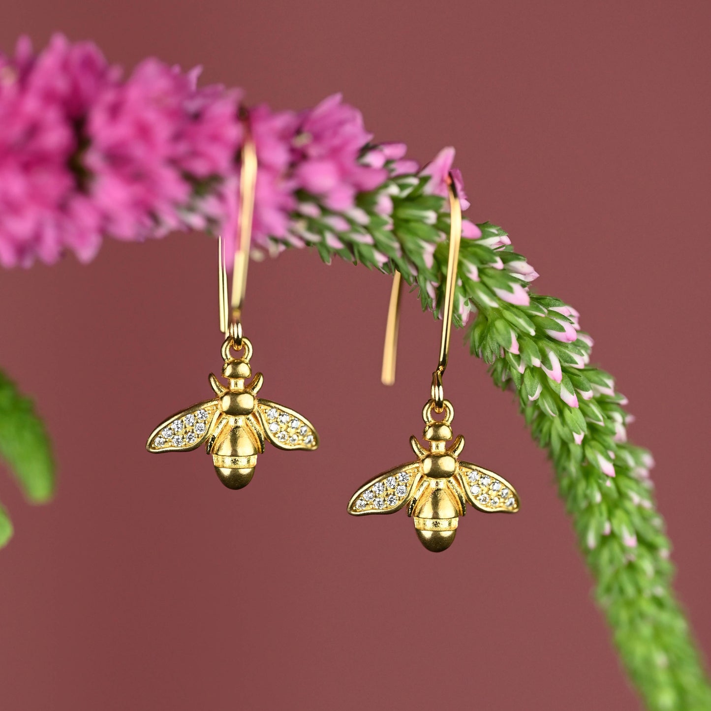 Small Brass Vintage Bees w/ Tiny Crystals Earrings