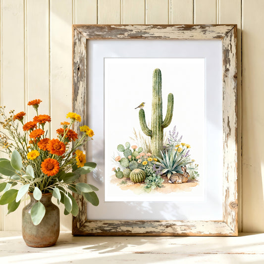 Saguaro Cactus Watercolor Art Print – Southwest Cottage Wall