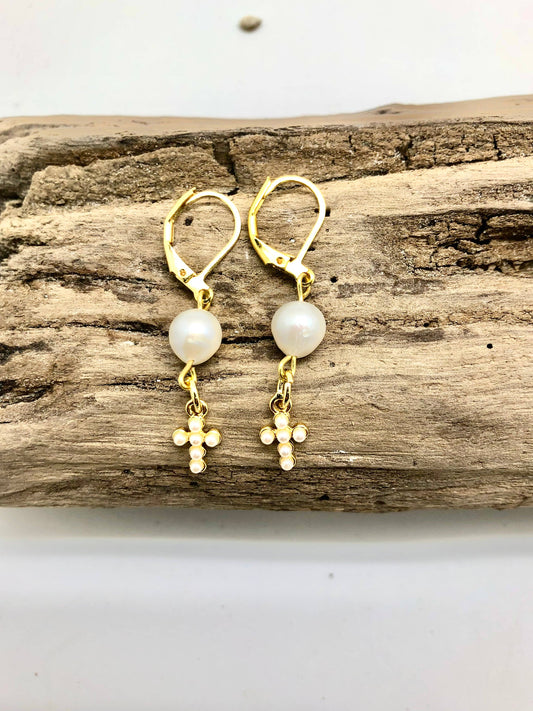 Earring Freshwater Pearl w/Glass Pearl Cross Drop FrenchHook