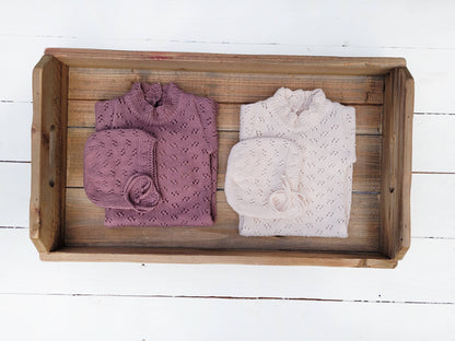 Grace Knitted Romper with Hat 2pc Set Apricot pink or Plum