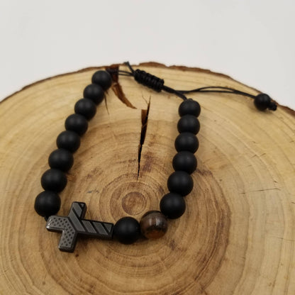 Natural Tiger Eye Stone Obsidian Cross Baptism Bracelet