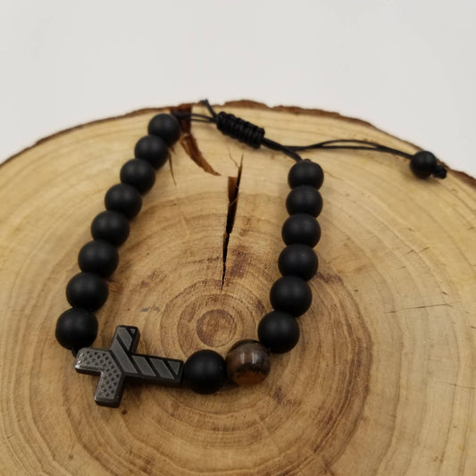 Natural Tiger Eye Stone Obsidian Cross Baptism Bracelet