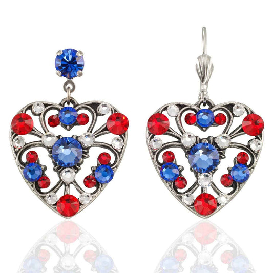I Love America Filigree Crystal Heart Patriotic Earrings: Leverback