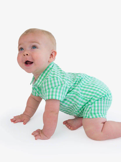 Baby Boys Classic Spring Green Gingham Short Button-Up Romper