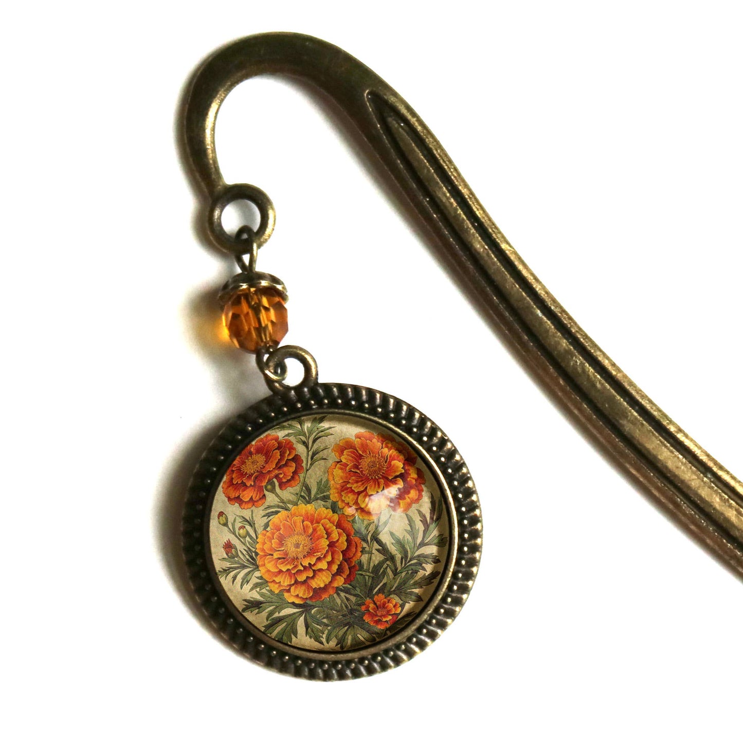 Marigold Flowers Bronze and Glass Cabochon Bookmark