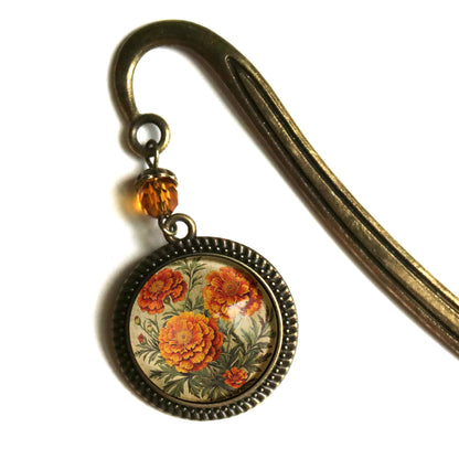 Marigold Flowers Bronze and Glass Cabochon Bookmark