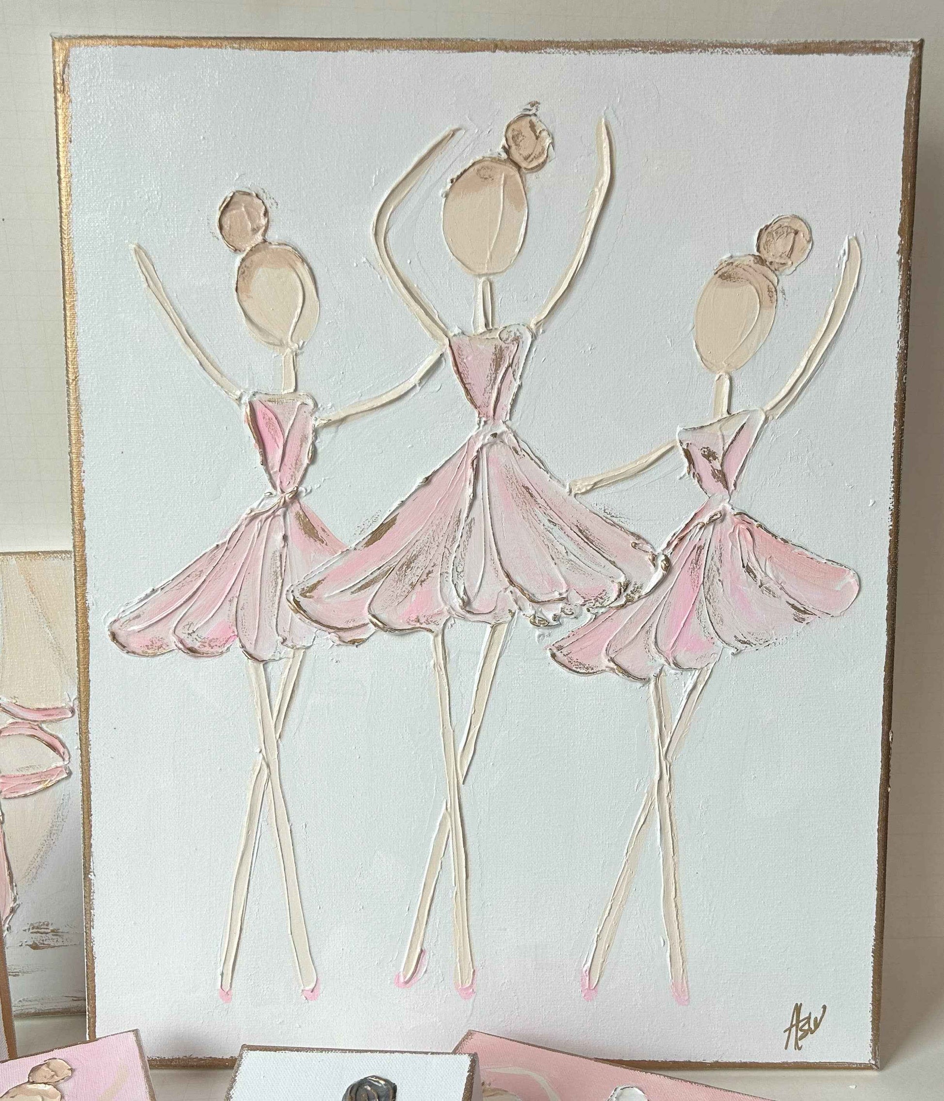 Ballerina Trio | canvas art recital dance ballet nutcracker: White back & pink dress / 11x14-inch standard profile canvas / Light skin & lt. brown hair