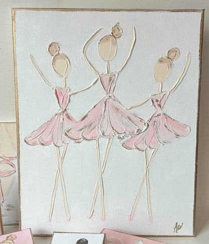 Ballerina Trio | canvas art recital dance ballet nutcracker: White back & pink dress / 11x14-inch standard profile canvas / Light skin & lt. brown hair