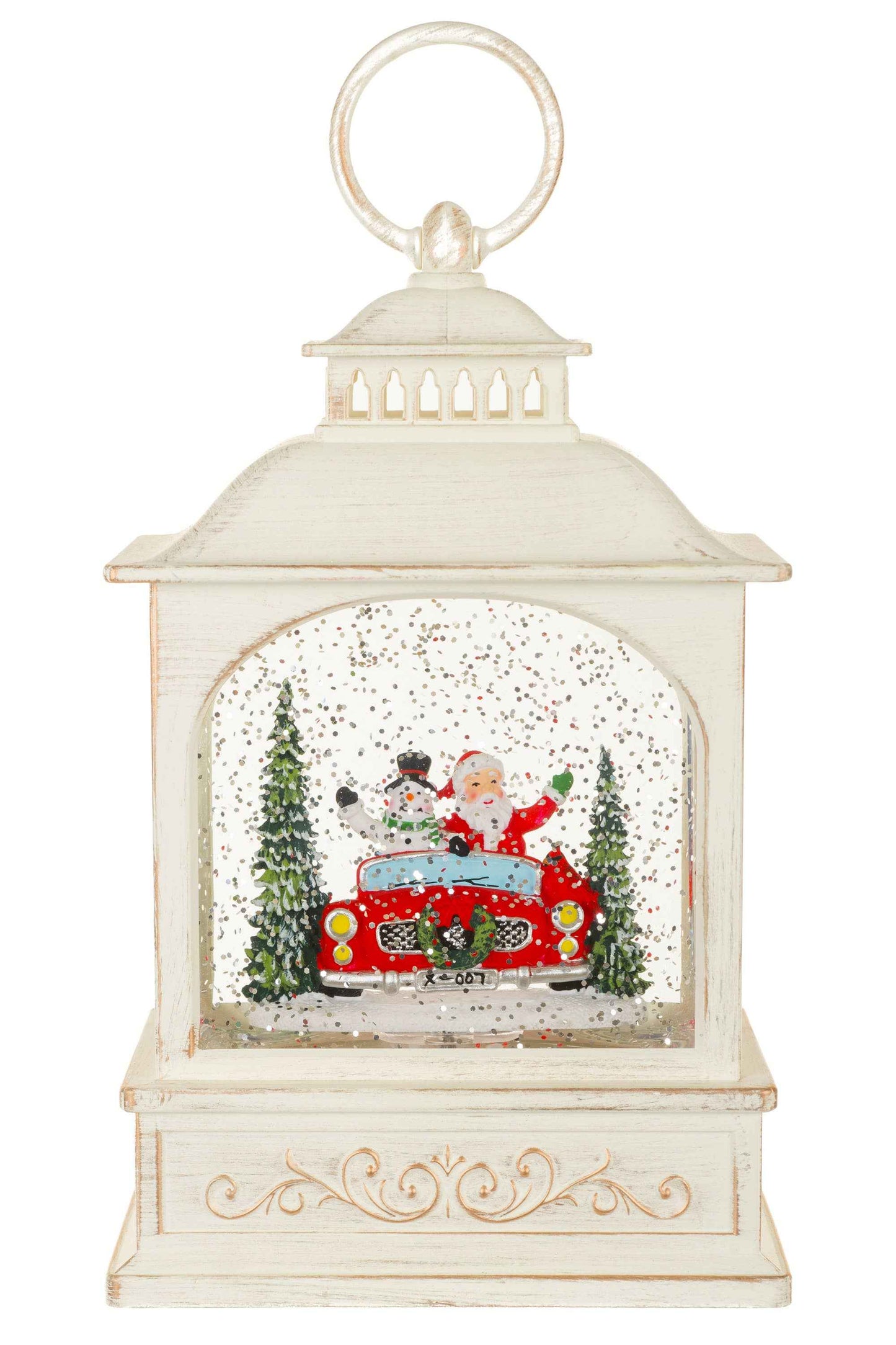 NEW-Off-White Lantern Snow Globe with Santa's Sports Car