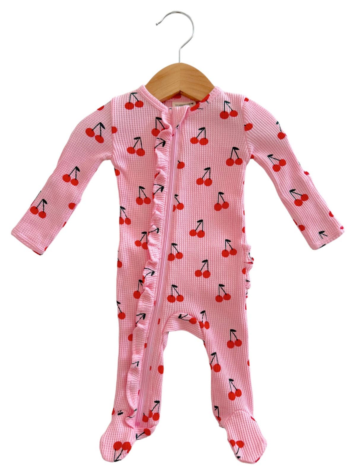 Organic Waffle 2-Way Zip Ruffle Footie, Pink Cherries: 0 - 3 mo.
