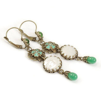 Green, Pearl and Filigree Earrings