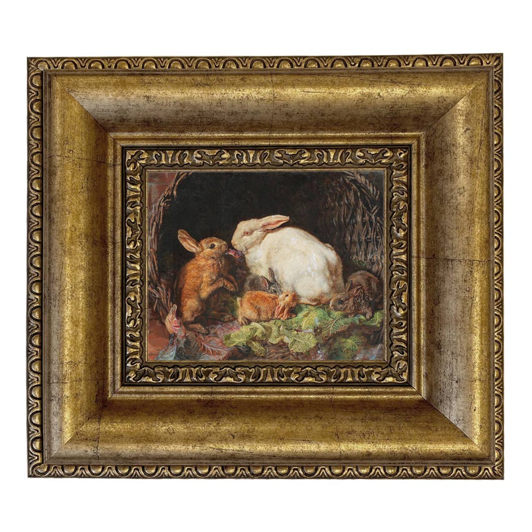 Hares and Young Framed Painting Print on Canvas