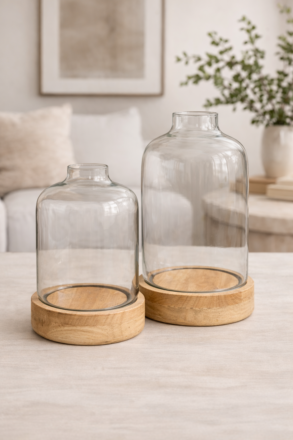 GLASS CANDLE HOLDER W/WOOD BASE 10.25" H X 7" DIA
