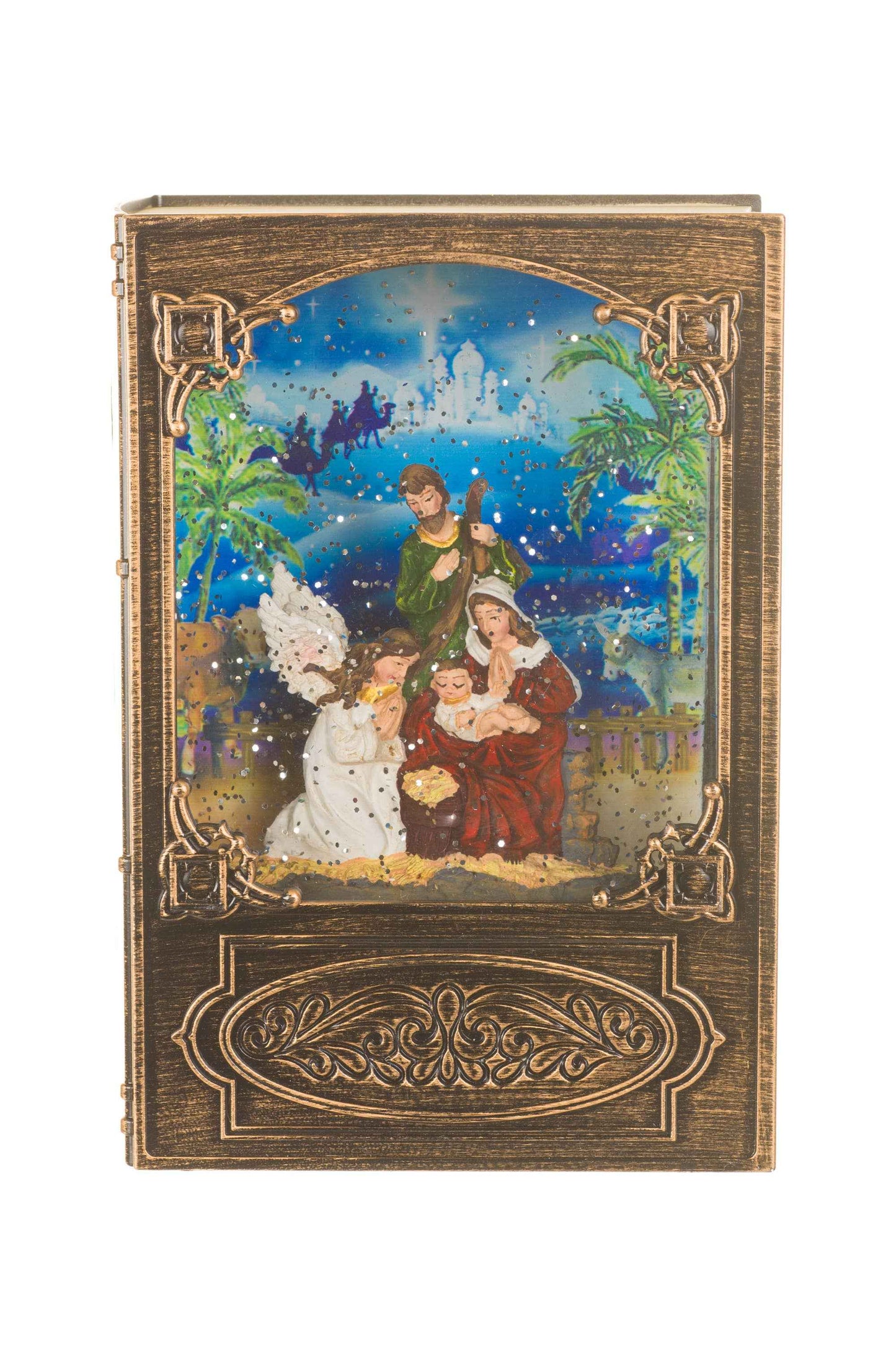 NEW-Brass Bookend Snow Globe with Nativity