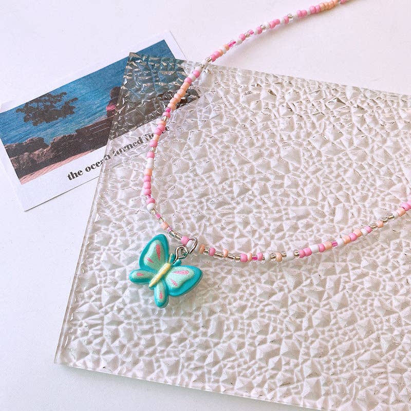 Cute Children’s Butterfly Heart Clavicle Necklace Dopamine Girl Jewelry: Blue / Average Size (0-12Y）