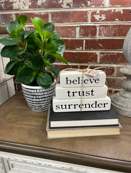 Believe Trust Surrender – Brown Stacked Blocks