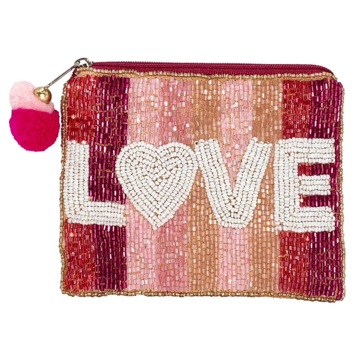 LOVE PINK STRIPE BEADED COIN POUCH