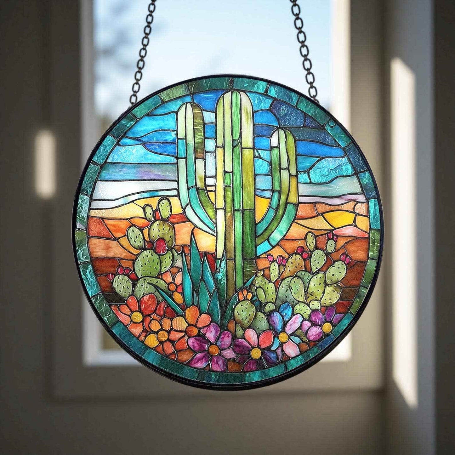 Cactus Stained Glass Suncatcher, Ideal Gift for Valentine