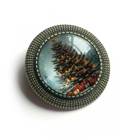 Victorian Christmas Tree Glass and Bronze Lever Back Brooch