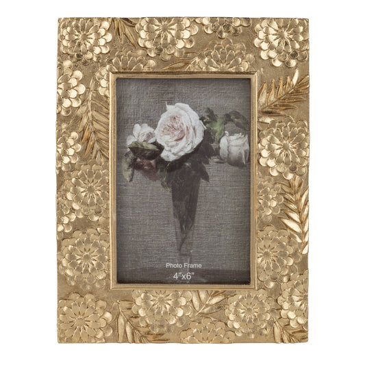 Floral motif picture frame, gold finish