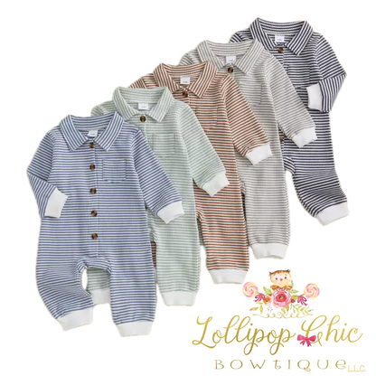 Baby Boy Striped Collared Long Sleeve Romper: 3-6M -BLUE