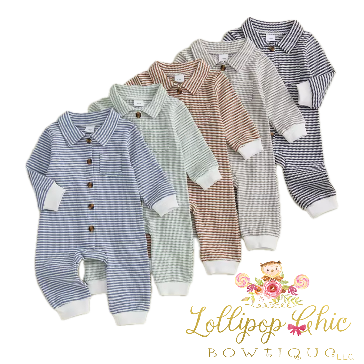 Baby Boy Striped  Collared Long Sleeve Romper: 12-18M - BLUE