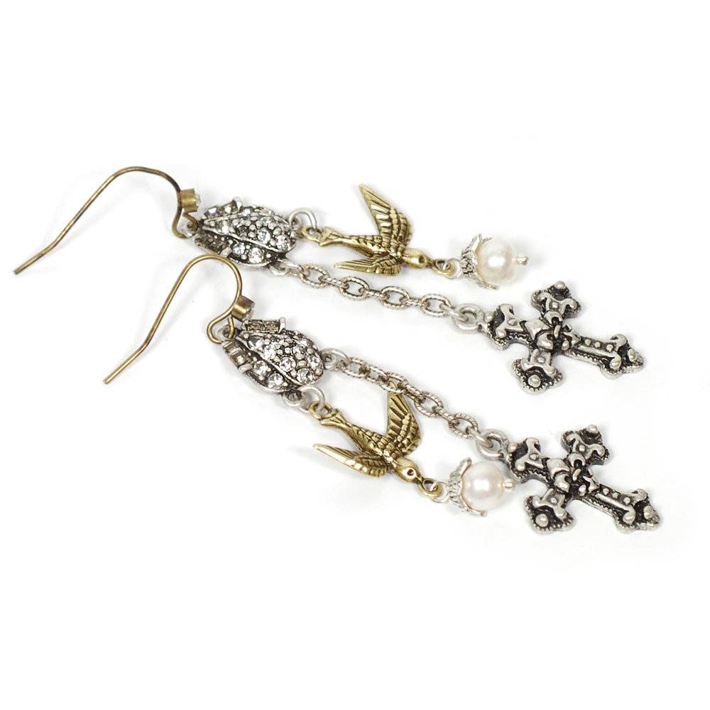 Joyería Sweet Romance - Pendientes con cruz y pájaro del Espíritu Santo E1122