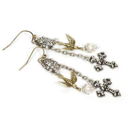 Joyería Sweet Romance - Pendientes con cruz y pájaro del Espíritu Santo E1122