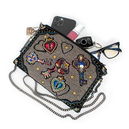 Unlocked Magic Beaded Keys & Hearts Mini Crossbody Handbag