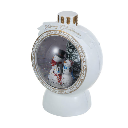 Christmas Musical White Round Snow Globe Lantern with Snowman Family Scene for Christmas Decoration