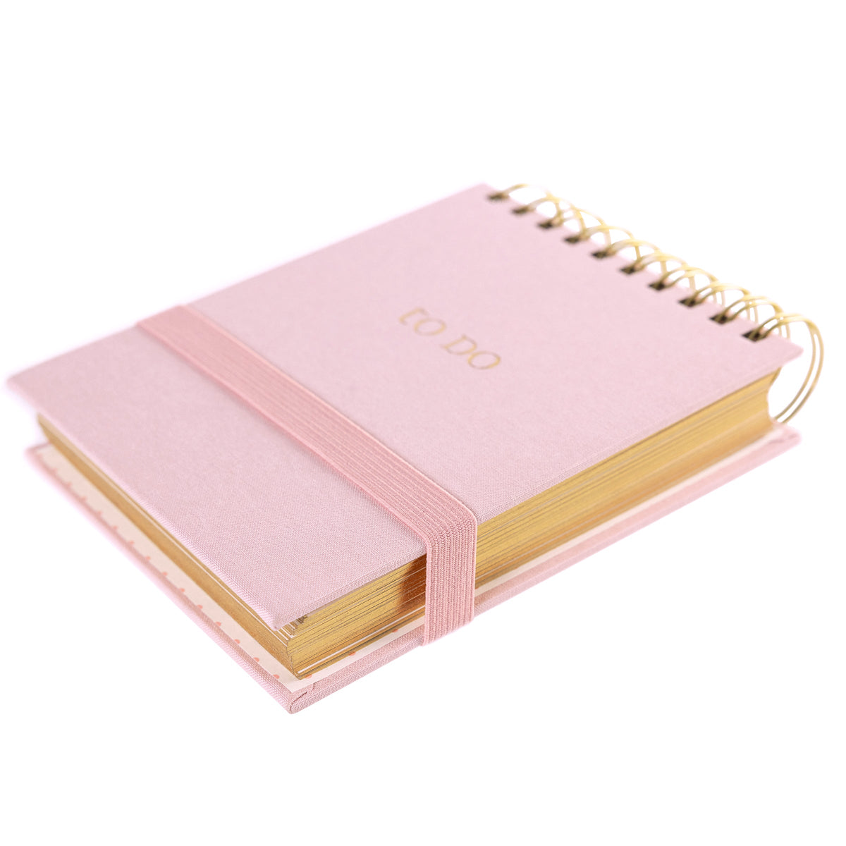 Blush Fabric-Bound Notepad, A blush pink fabric notepad with a gold foil to Do cover and a twin wire spiral binding.
