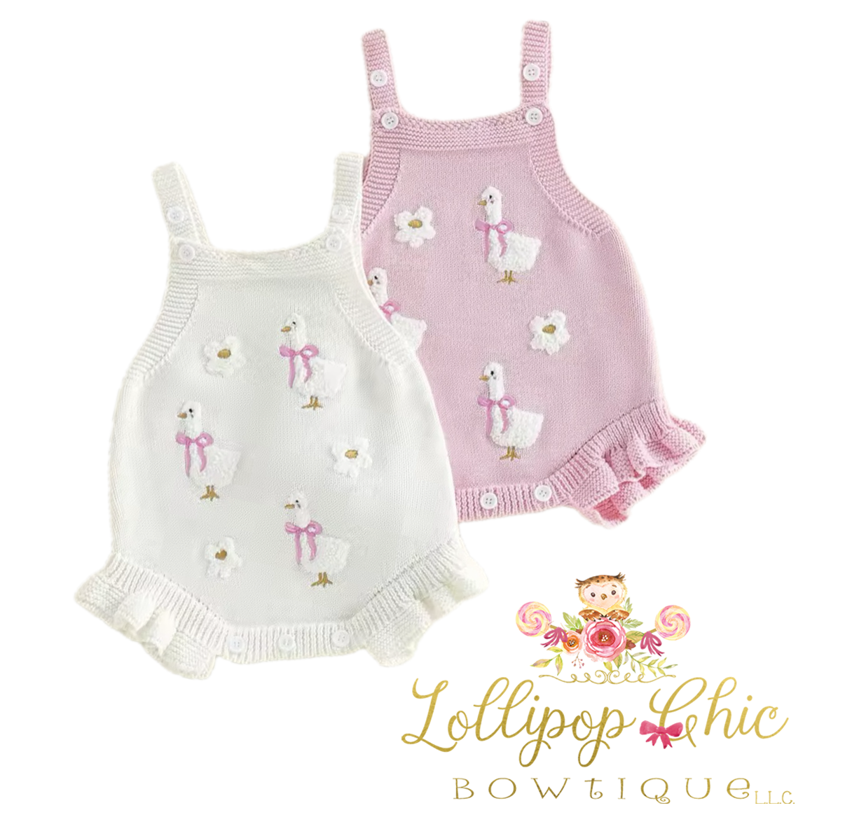 Baby Girl Knit Duck Floral Romper : 3-6M- WHITE