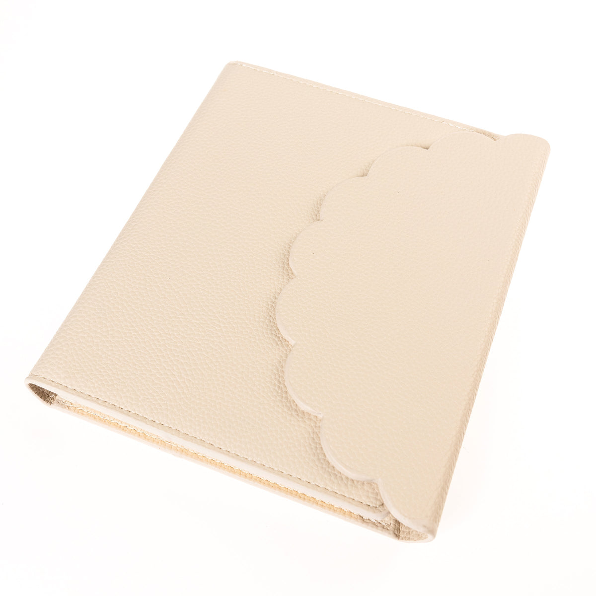 Taupe Vegan Leather Wrap Journal, A taupe vegan leather wrap journal with a scalloped flap and pebbled texture, shown open with its removable spiral insert and pen loop.