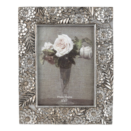 Floral motif picture frame, silver finish