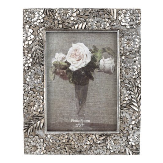 Floral motif picture frame, silver finish