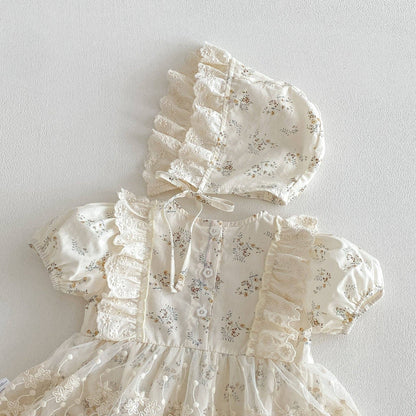 Baby Girls Short Sleeves Tulle Bodysuit with Hat