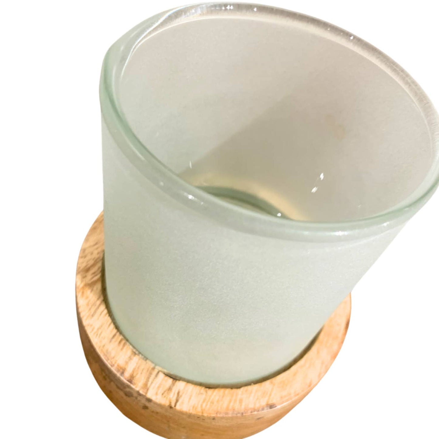 MODERN FROSTED GLASS CANDLE HOLDER W/ WOODEN BASE 4.5" H X 3