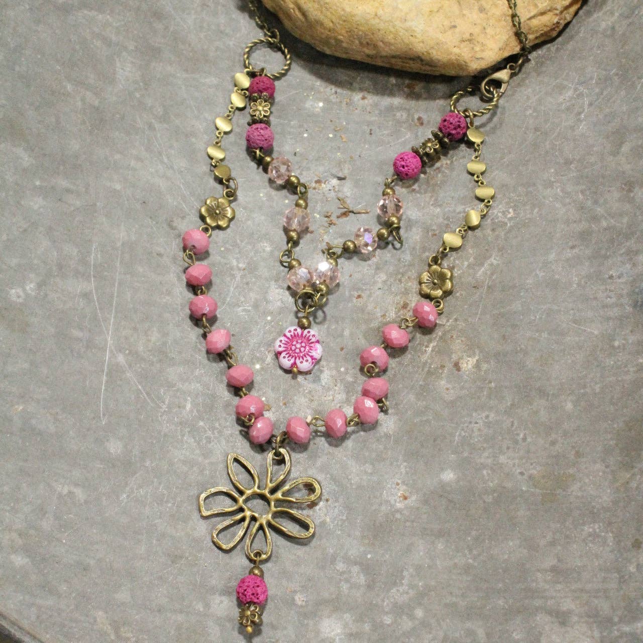 Flower Power Pendant Czech Pink Beads Layered Necklace