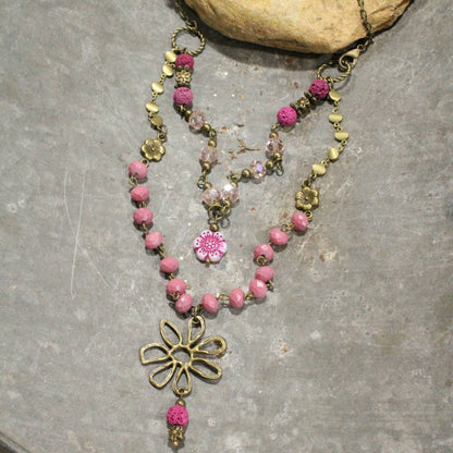 Flower Power Pendant Czech Pink Beads Layered Necklace