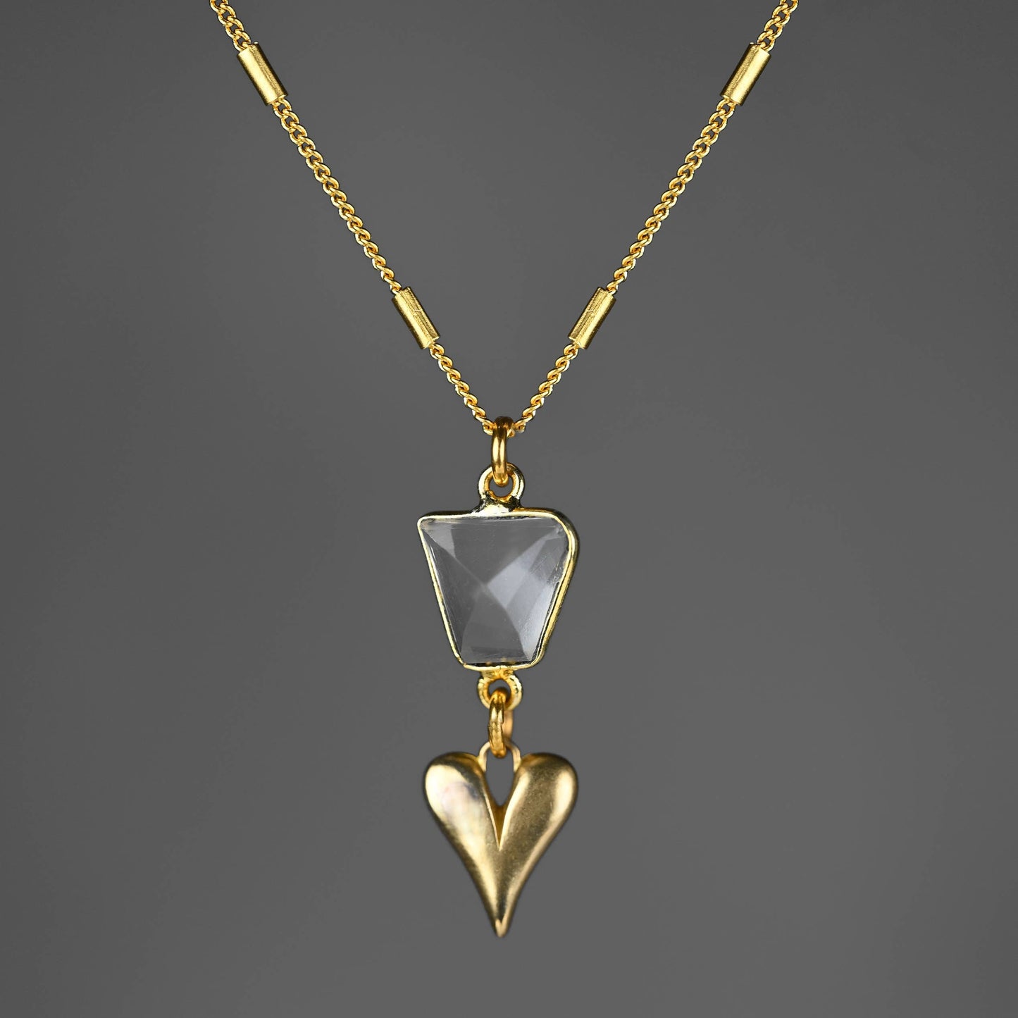 Brass Sculptured Heart w/ Crystal Quartz Necklace