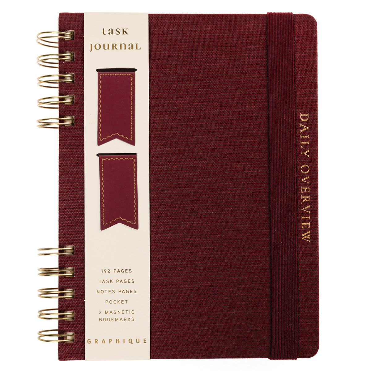 Burgundy Fabric-Bound Task Journal, A burgundy fabric-covered task journal with gold twin wire spirals and two maroon ribbon bookmark tabs, closed with an elastic band.