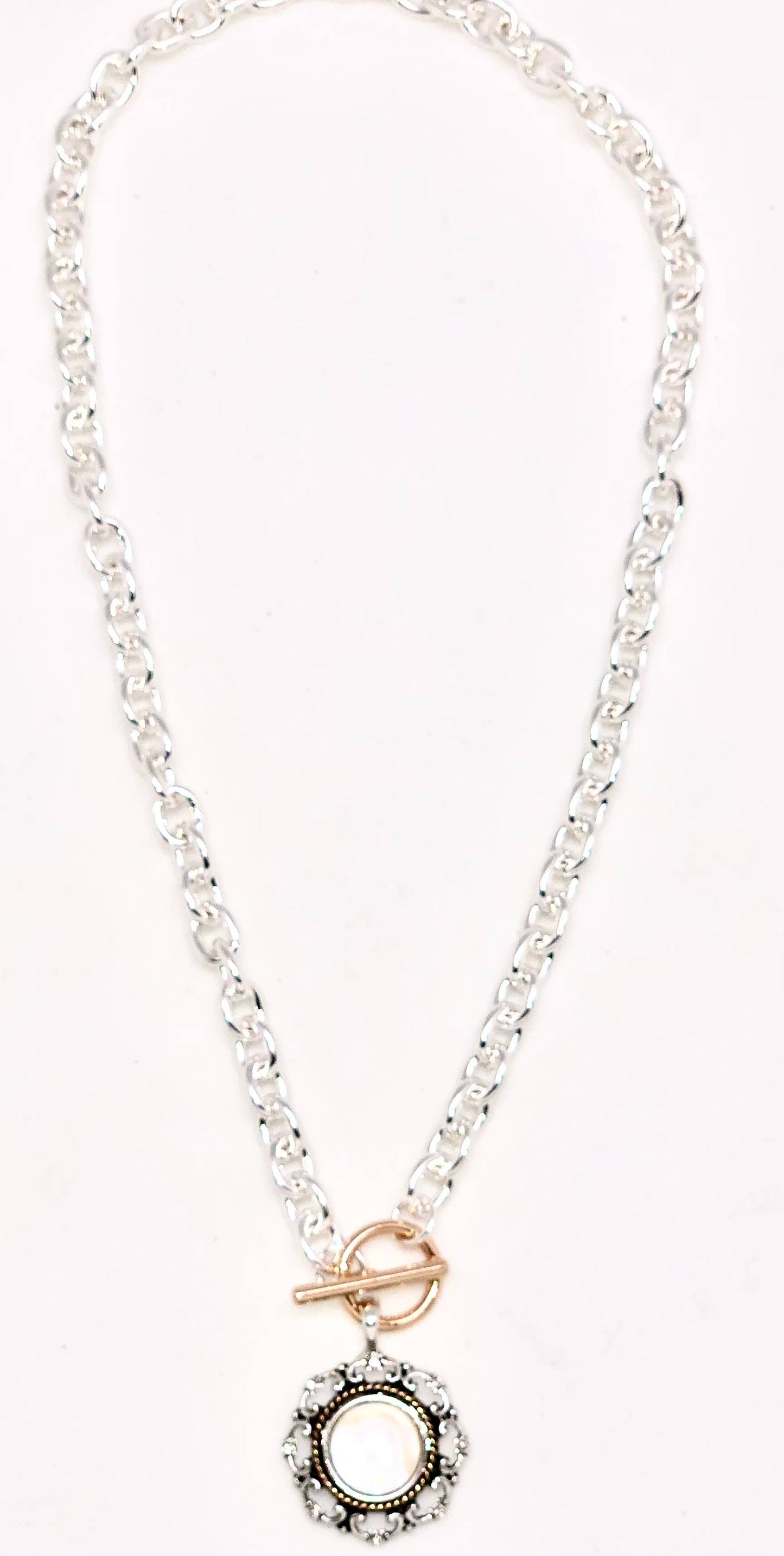 Necklace Alloy Plated Link Chain w/Mille Fiori Drop 18”