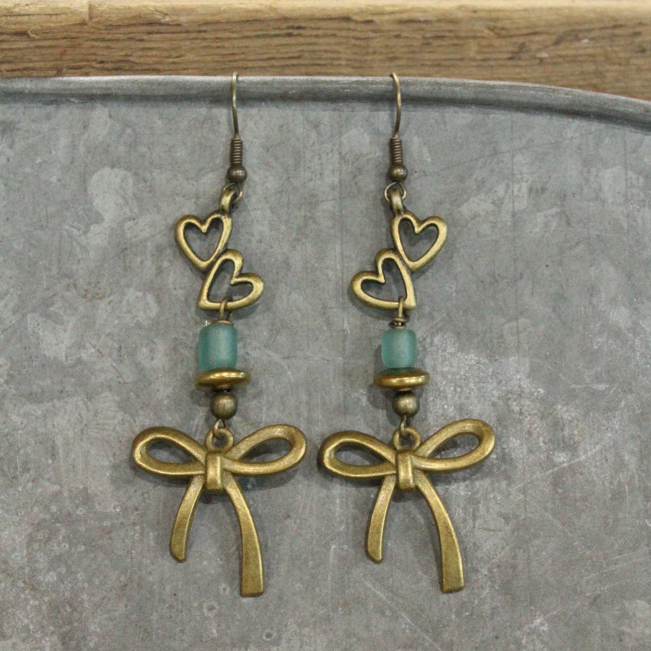 Heart & Bronze Ribbons Charm Earrings