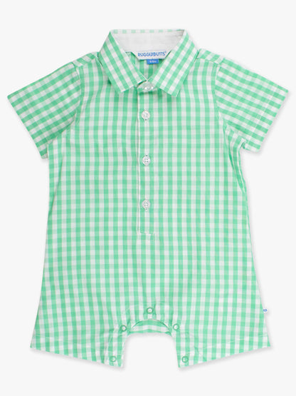 Baby Boys Classic Spring Green Gingham Short Button-Up Romper