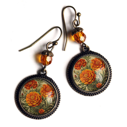Marigold Flowers Bronze and Glass Cabochon Earrings